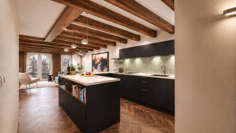 Open keuken-woonkamer met donkere plafondbalken, herringbone vloer en kookeiland — Brouwersgracht Amsterdam